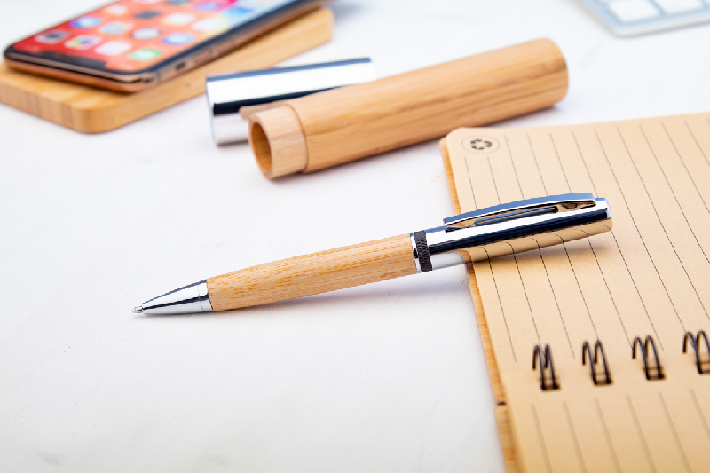 Stylo à bille en métal et bambou - Étui tube en bambou avec capuchon chromé - Encre bleue_3