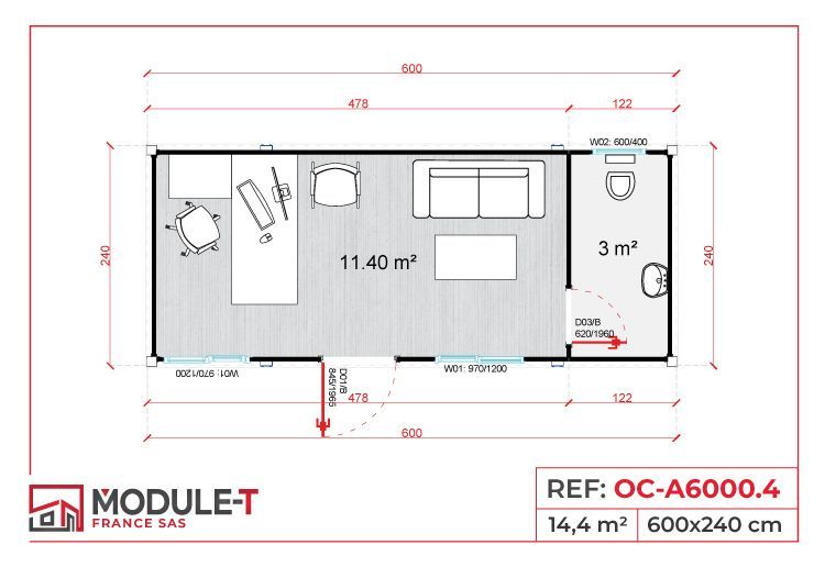 Bureau modulaire de 6,00 x 2,40 m avec livraison rapide