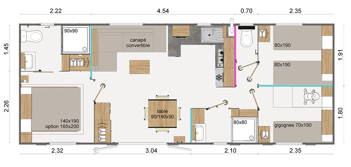 Mobil home elite 100 / 3 chambres et 2 salles de bains / 36.80 m² / 6 à 8 personnes / 10 x 4 m_2