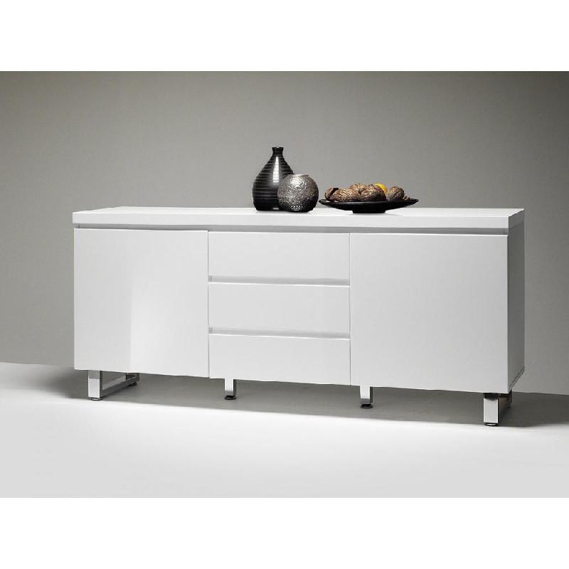 Buffet Altona blanc laqué brillant - 2 portes, 3 tiroirs, piétement en métal chromé - Design contemporain_3