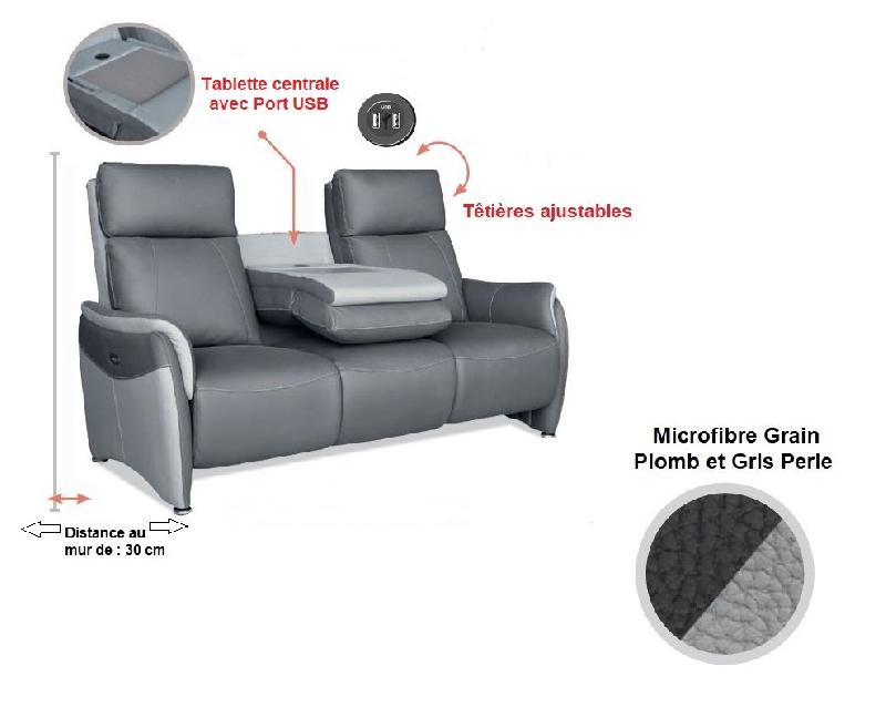 Canapé 3 places électrique Cabries - 2 relax zéro gravité - bi-color microfibre plomb/gris perle avec têtières ajustables et port USB_3