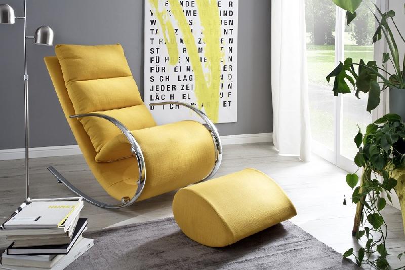 Fauteuil relax Yanis en tissu jaune avec pouf indépendant - Structure métal et design chic_3