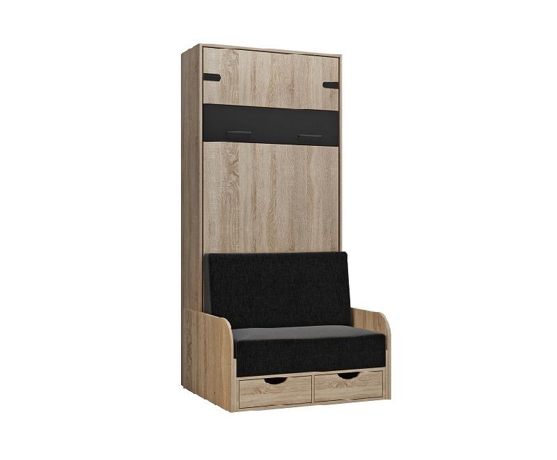 Lit escamotable style industriel KEY SOFA - Avec accoudoirs chêne, canapé avec tiroirs anthracite, couchage 90x200 cm_3