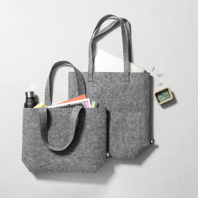 Sac shopping RPET - feutre avec longues poignées et soufflet au fond - couleur gris_3