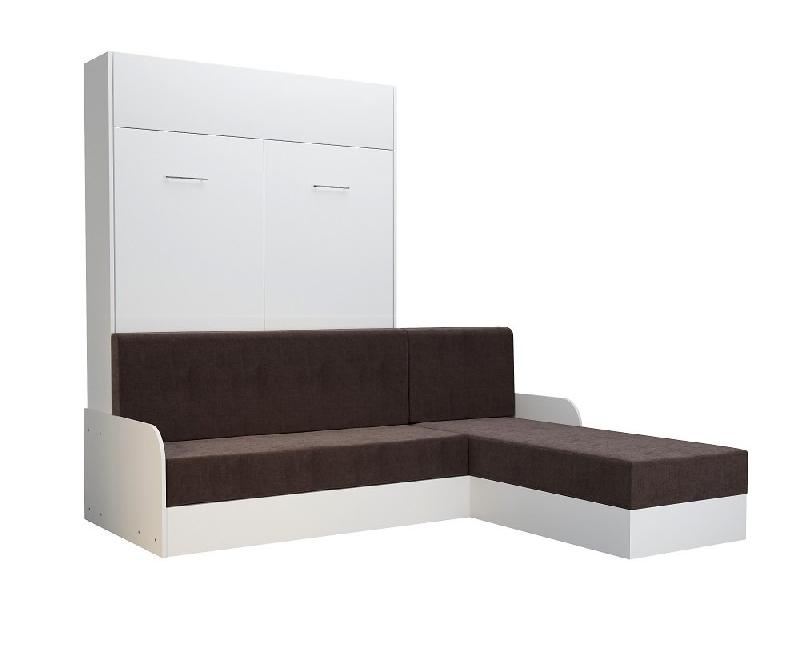 Lit escamotable Dynamo Sofa - canapé angle méridienne réversible avec accoudoirs - blanc et tissu marron - 140x200 cm_3
