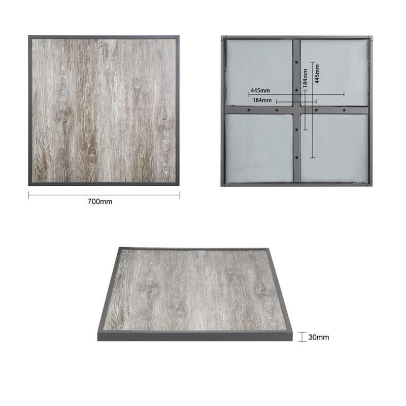 Plateau de table extérieur carré en verre trempé effet grain de bois bord gris 700 mm | Bolero - FU515_3