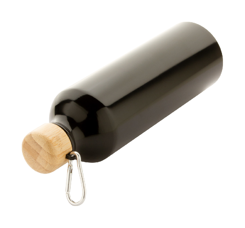 Bouteille en aluminium - 800 ml - couvercle en bambou et mousqueton - couleur noire_3
