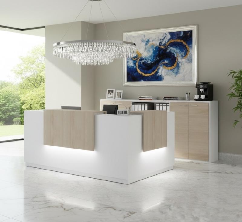 Comptoir d'accueil d'angle avec 2 réhausses Delta - Mobel Linea. - 224, Droite, Blanc, Non, Acacia clair_3