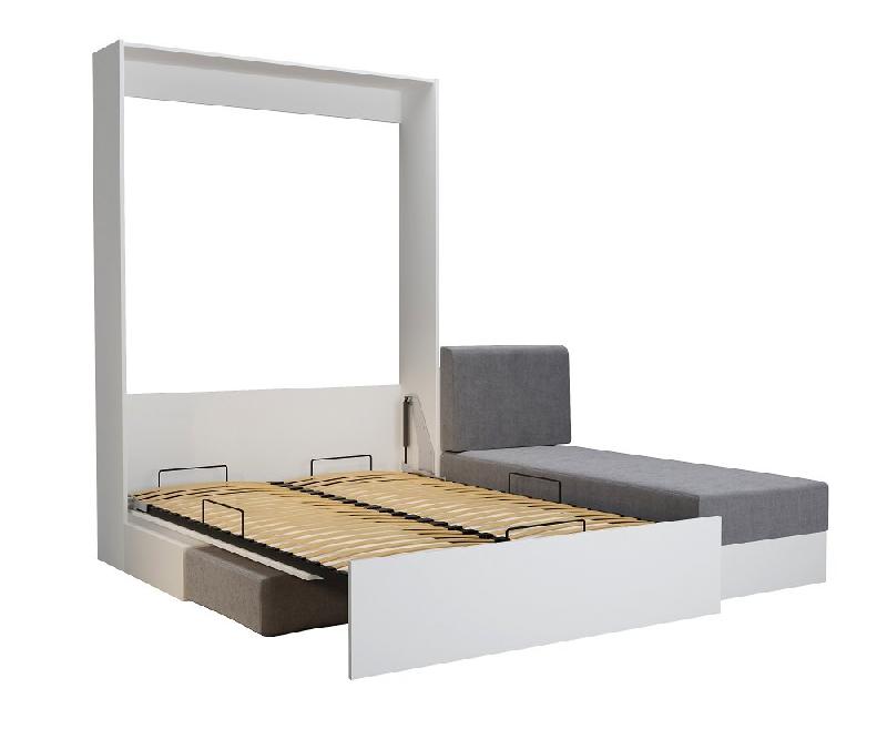 Lit escamotable Dynamo Sofa - Canapé angle méridienne réversible - Blanc mat et tissu gris - 140x200 cm_3