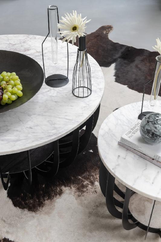 Table ronde gigogne MABE - marbre blanc et acier laqué noir - Design moderne_3