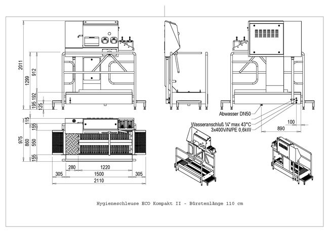 Sas Hygiène en acier inox - ECO Compact II avec module de nettoyage des semelles, lavage, séchage et désinfection des mains_3