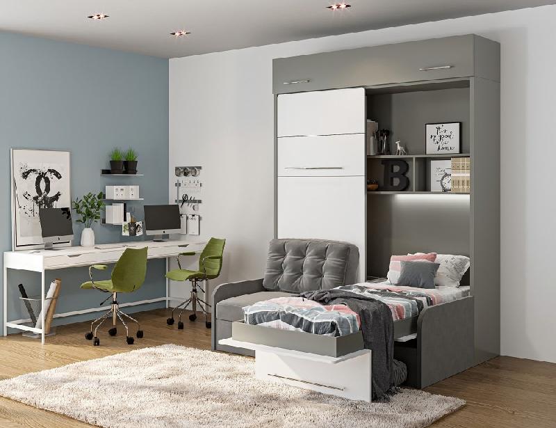 Duo Sofa - Armoire lit escamotable avec canapé gris - 2 x 90/200 - Structure grise et façade blanche_3