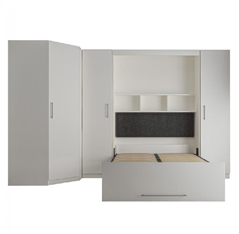 Composition armoire lit escamotable angle Lutecia blanc mat - 350 x 100 cm - Couchage 140 x 190 cm avec rangements intégrés_3