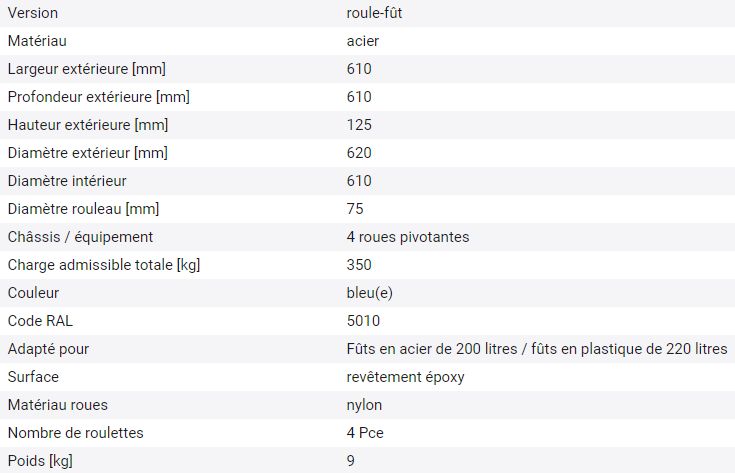 148431W - Roule-fût en acier peint RAL 5010, pour fûts acier 200L et plastique 220L - 4 roulettes pivotantes_3
