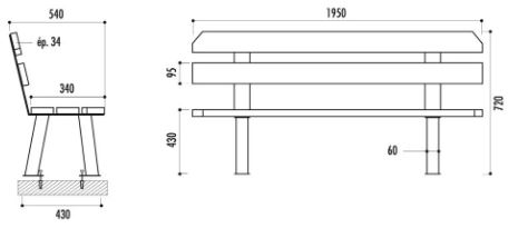 Banc public Seattle - bois traité - longueur 195 cm - piétement double en acier_3