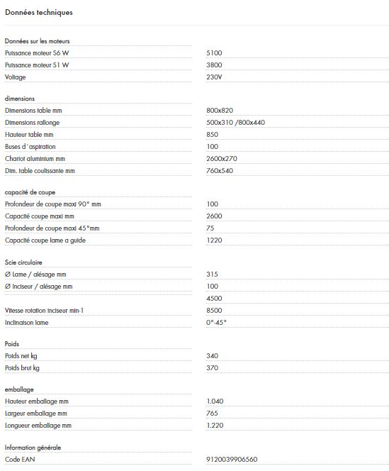 Scie à format - Holzmann - TS315VF2600_230V - moteur 5100 W S6 - lame TCT 315 mm - inciseur Ø 100 mm_3