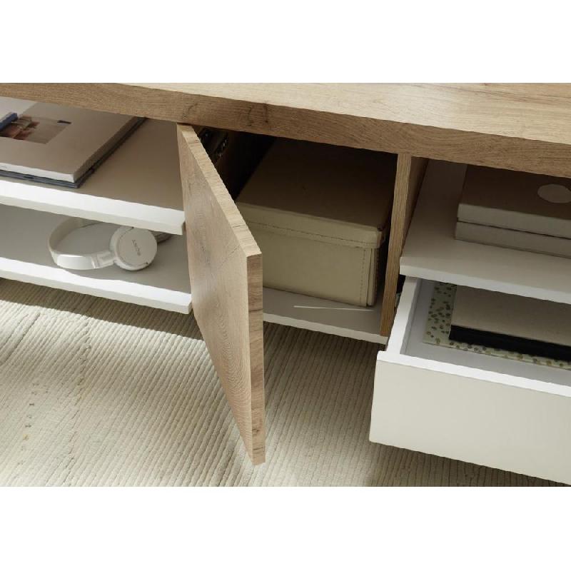 Table basse REAUX 120 x 60 cm - décor chêne et blanc laqué mat avec rangement, roulettes et niches_3