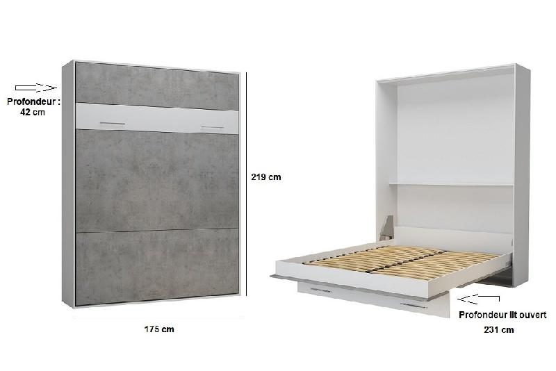 Lit escamotable LOFT blanc - façade gris béton - couchage 160 x 200 cm - design moderne et gain de place_3
