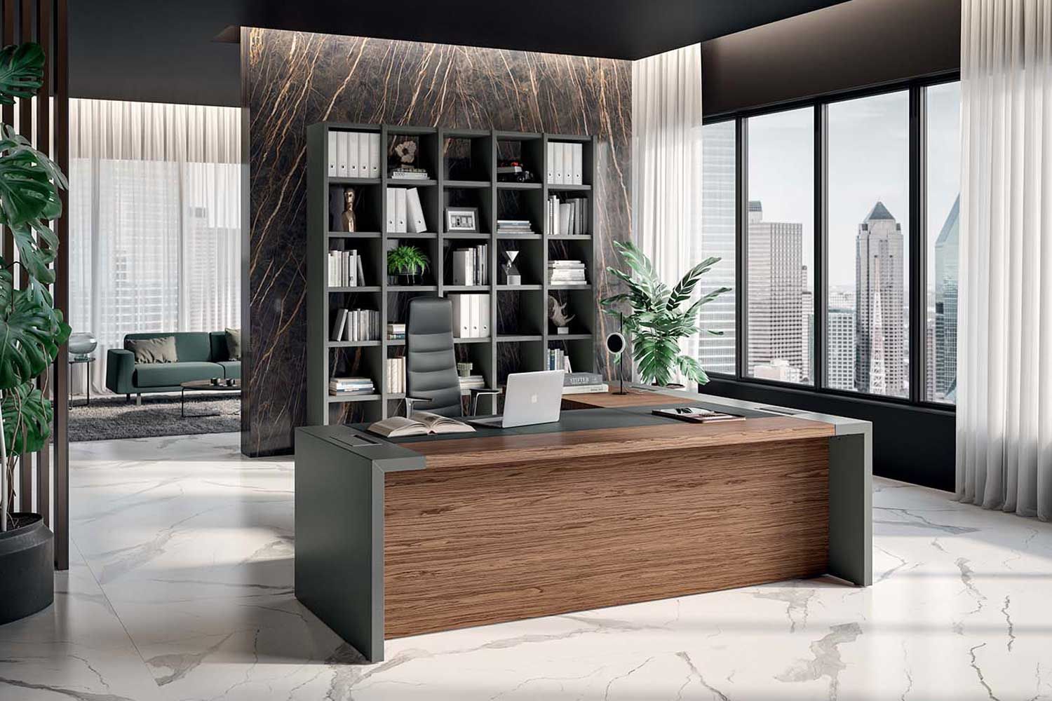 Bureau de direction E10 - Esthétique moderne et traditionnel, plateau en bois plaqué et options cuir_3