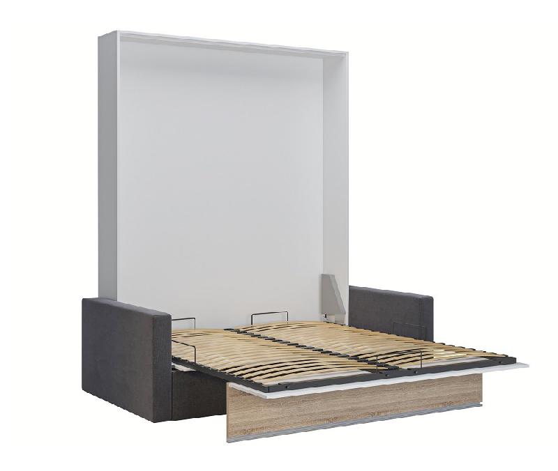 Armoire lit escamotable DJUKE SOFA - Blanc bandeau chêne - Canapé gris 160x200 cm avec coussins et coffre intégré_3