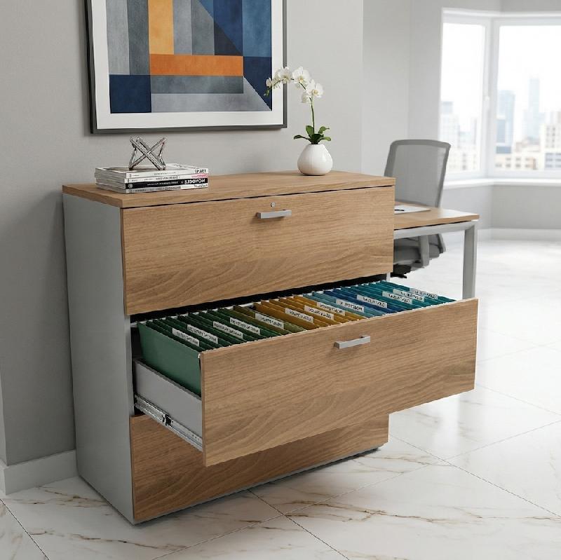 Armoire de Bureau : Classeur Professionnel 3 Tiroirs pour Dossiers Suspendus - 100, Gris aluminium, Acacia foncé_3
