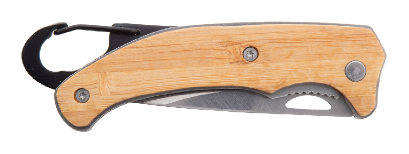 Couteau de poche en acier inoxydable - manche en bambou avec mousqueton et fermeture de sécurité_3