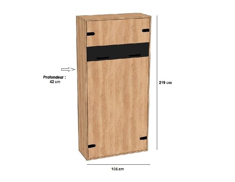 Lit escamotable industriel KEY - Bi-ton chêne et noir mat - 90x200 cm avec rangement et bibliothèque - L155xH219xP42 cm_3