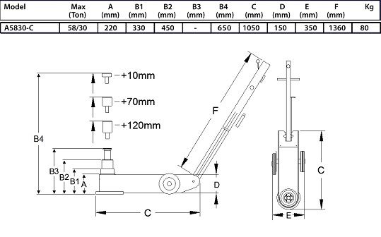 A5830-c - Cric oléopneumatique télescopique Compac - Capacité maximale : 58/30 tonnes avec rallonges incluses_3