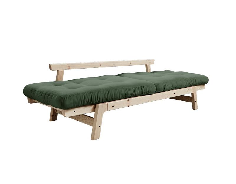 Banquette convertible futon STEP en pin massif - Coloris vert olive - Couchage 70x200 cm_3