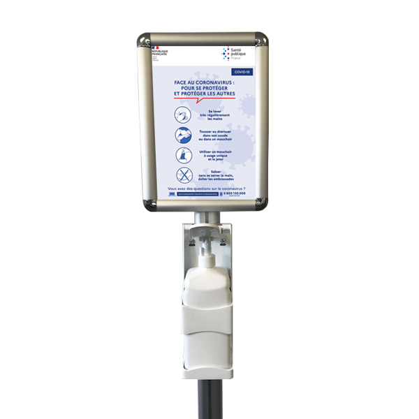 Poteau distributeur de gel 158 cm - Pompe manuelle 1L + cadre pancarte A3 portrait ou paysage - Gris clair - Réf : 214962_3