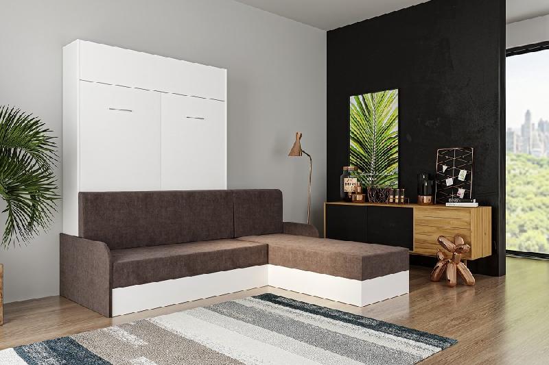 Lit escamotable DYNAMO SOFA - canapé angle méridienne réversible blanc avec accoudoirs tissu marron 140x200 cm_3