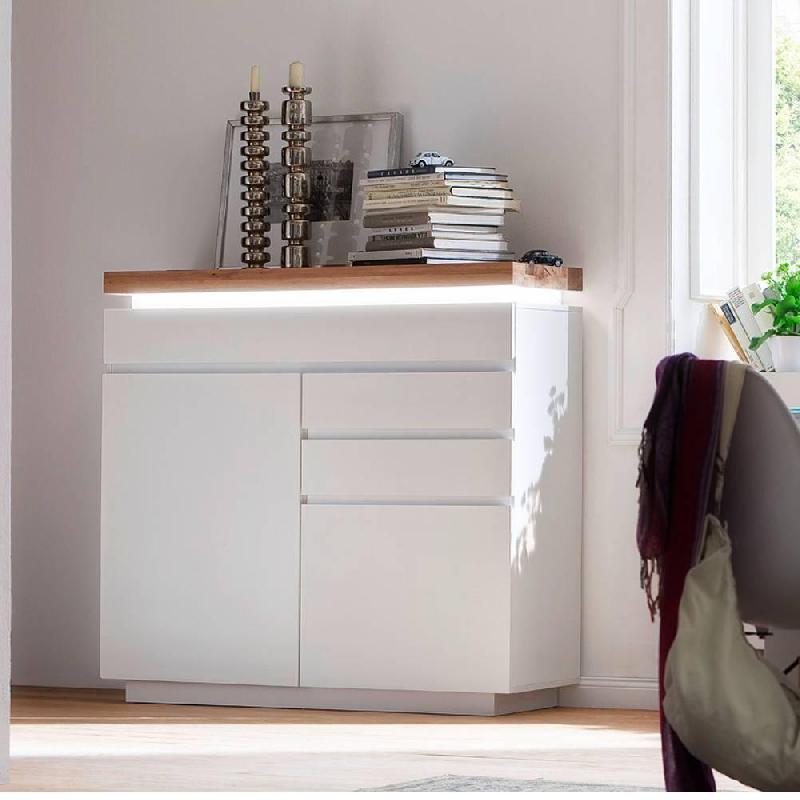 Buffet haut Romina - 2 portes, 3 tiroirs, laqué blanc mat, plateau chêne noueux huilé, avec LED intégrées_3