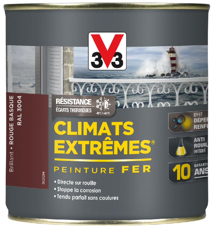 Peinture fer extérieur Climats Extrêmes® V33 - Rouge basque brillant 0.5 L - Résistante aux climats extrêmes et anticorrosion_3