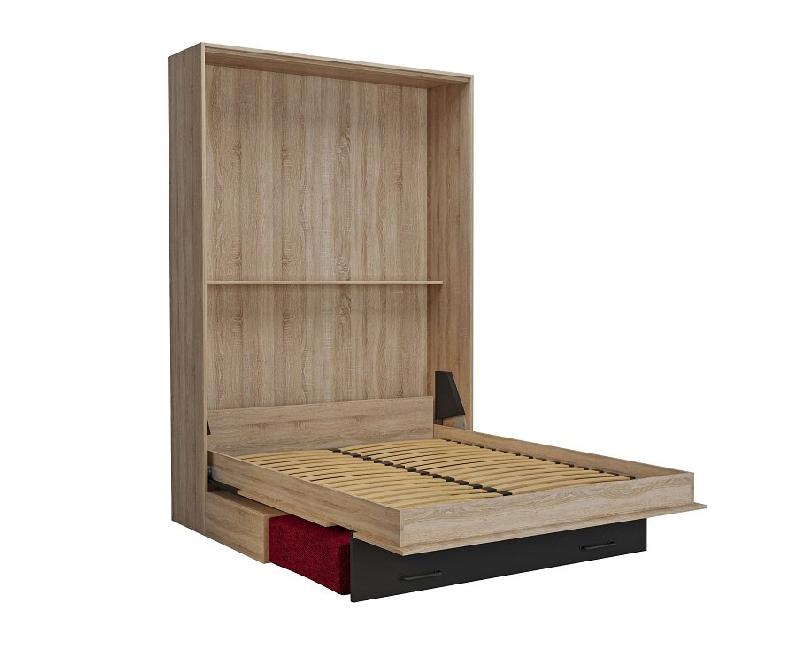 Lit escamotable style industriel KEY SOFA - Chêne, bandeau noir, canapé rouge - Couchage 140x200 cm avec tiroirs de rangement_3