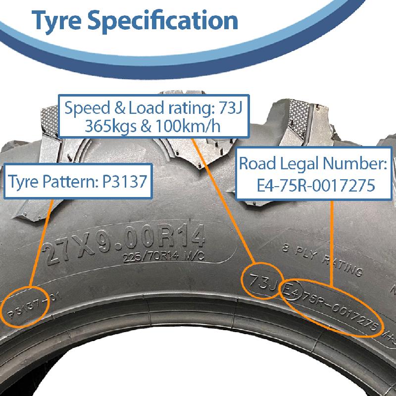 27x9.00R14 ATV Tyre 8ply P3137 OBOR 225/70R14 Outslope 73J Road Legal (Set of 4)_3
