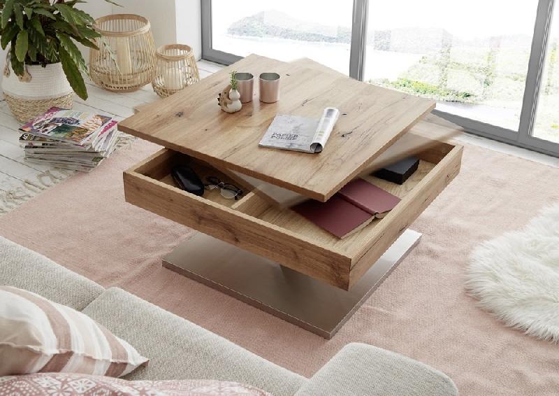 Table basse Monroe - plateau pivotant en placage chêne noueux - piétement métal inox brossé_3