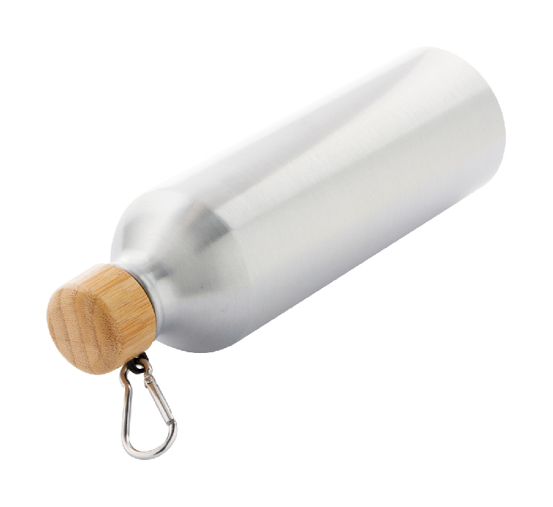 Bouteille en aluminium - 800 ml - couvercle en bambou avec mousqueton - couleur argenté_3