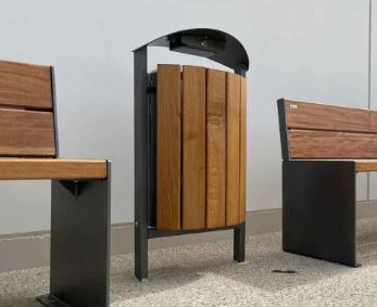 Corbeille cendrier Silaos 50 litres - acier, bois, plastique recyclé - verrouillage clé triangle_3