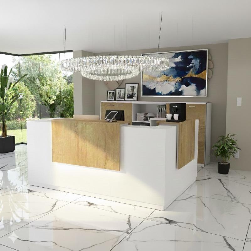 Comptoir d'accueil d'angle avec 2 réhausses Delta - Mobel Linea. - 184, Droite, Blanc, Non, Chêne veiné_3