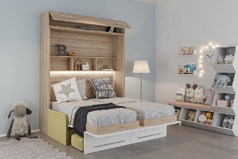 DUO SOFA - Armoire lit escamotable avec canapé moutarde - 2 lits indépendants 90x200 - Structure chêne, façade blanche_3