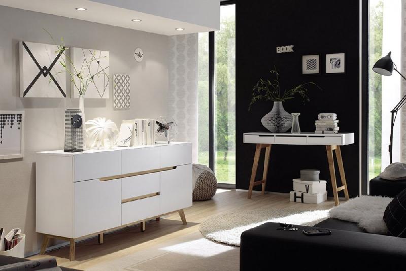 Buffet Cachan blanc laqué mat - 5 tiroirs, 2 portes, piétement en chêne massif_3