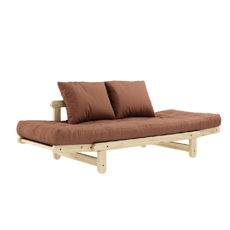 Banquette méridienne futon BEAT - Pin naturel - Tissu brun argile - Couchage 75x200 cm_3