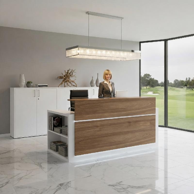 Banque d'accueil avec étagère intégrée Avant - Ofitres - 177, Blanc, Gauche, Oui, Noyer_3