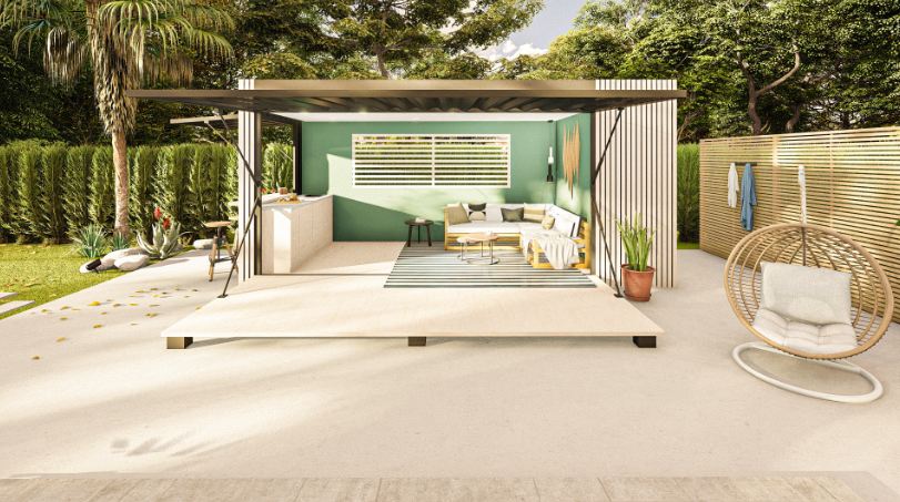 Pool house compact en container avec options de stockage ou sanitaire