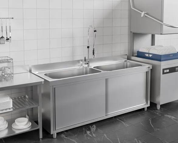 Plonge inox avec 2 grands bacs sur meuble - 2 portes coulissantes - l200 x p70 cm_3