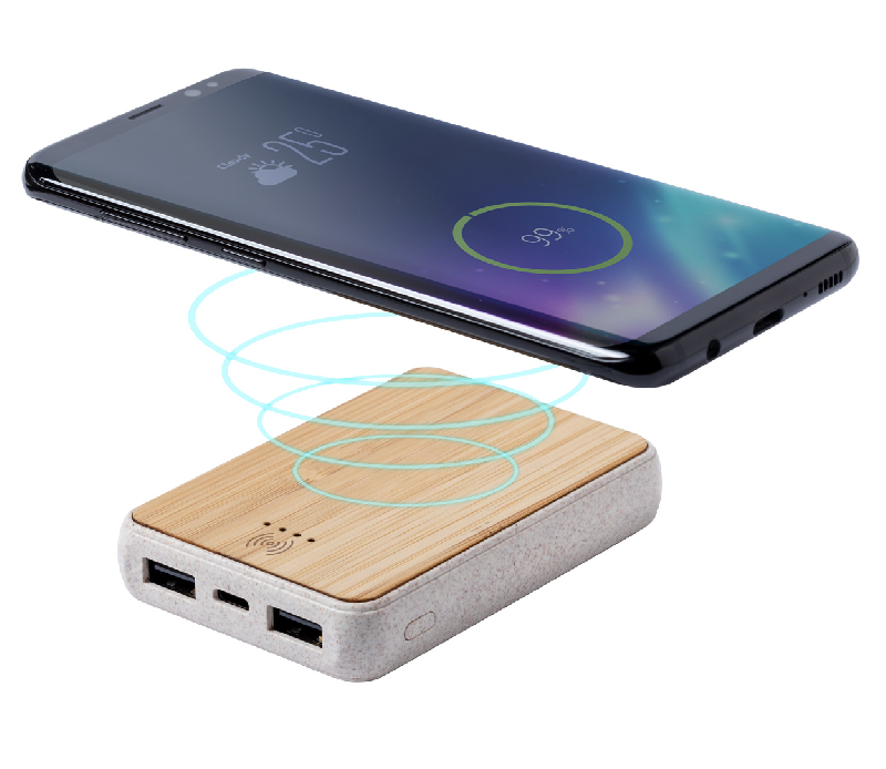 Powerbank USB en bambou et plastique de paille de blé - Batterie 5000 mAh avec chargeur sans fil intégré et 2 ports USB_3