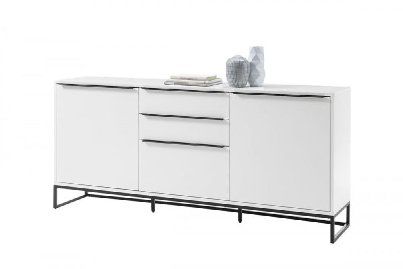 Buffet LUARD blanc laqué mat - 2 portes, 3 tiroirs - Piétement métal noir - Design moderne_3
