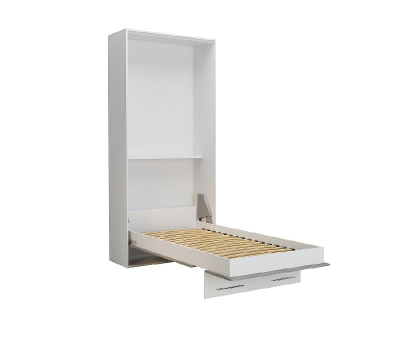 Lit escamotable LOFT blanc - Façade gris béton - Couchage 90 x 200 cm avec système à vérins_3