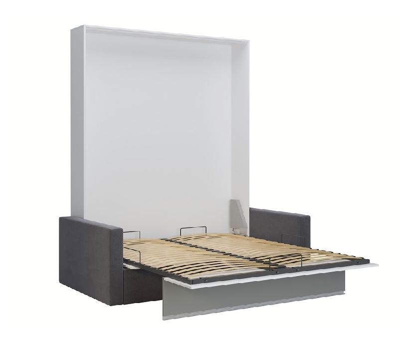 Armoire lit escamotable DJUKE SOFA - Blanc mat avec bandeau gris - Canapé gris intégré 160x200 cm_3