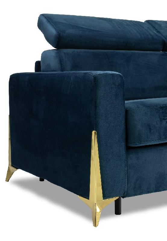 Canapé convertible express Odacio - sommier à lattes 140 cm, têtières réglables, matelas 16 cm, pieds dorés, velours bleu nuit_3